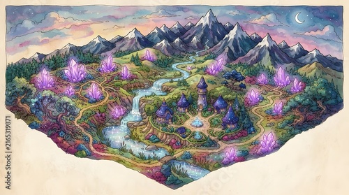 Magical Crystal Valley Fantasy Map Watercolor Art Illustration