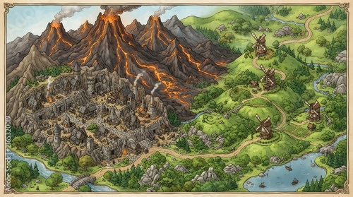Volcanic Mountain and Rural Kingdom RPG Map Fantasy World Concept Art