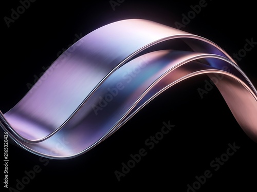 Curved metallic ribbon wave with purple and silver highlights metallic highlights abstract reflections material