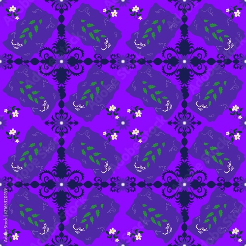 seamless floral pattern Sophisticated purple seamless pattern featuring intricate damask ornaments and green botanical leaf motifs for textile and wallpaper design
