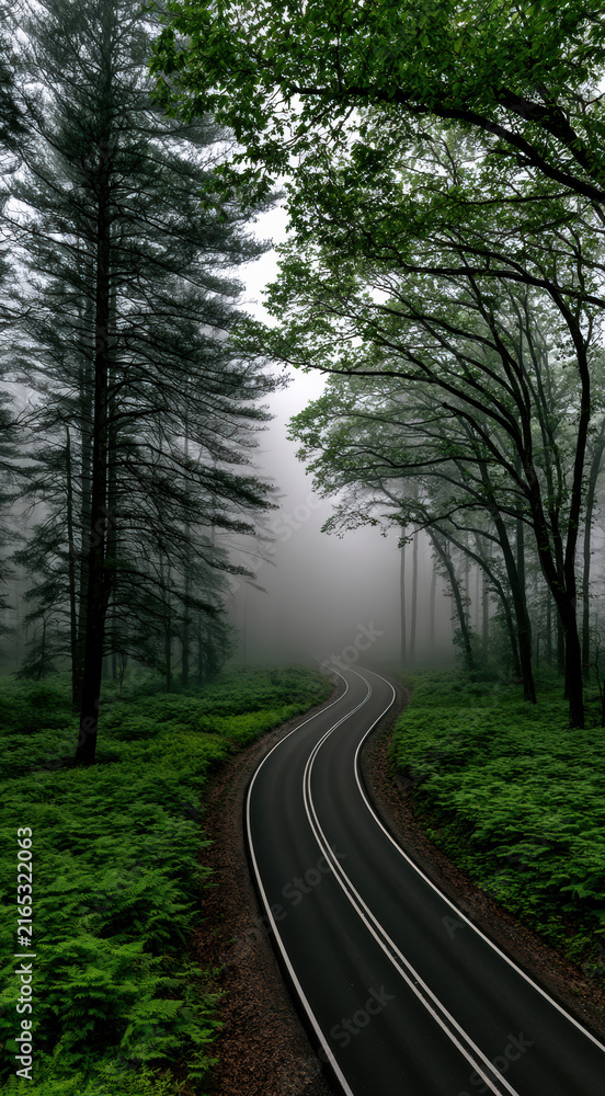 Fototapeta premium Curving road fog forest green trees misty nature outdoor tranquil morning landscape. Curving road winds through misty forest surrounded by lush