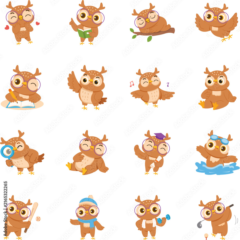 Obraz premium Playful owl character illustrations covering love, study, sleep, flight, writing, greetings, dance, sports, winter, fitness, golf, daily poses