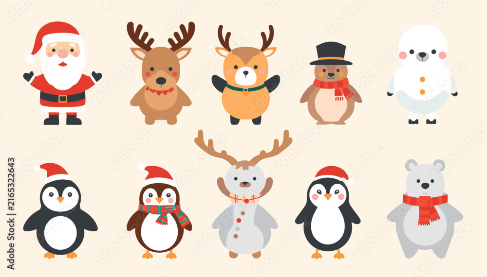 Obraz premium Cute cartoon Christmas characters including Santa, reindeer, penguins, snowmen, and polar bears in a festive holiday illustration.