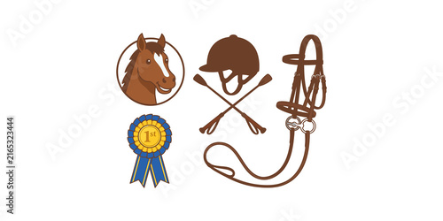 Konstfotografi Horse riding equipment set displays brown helmet bridle and blue first place award ribbon for equestrian sports success
