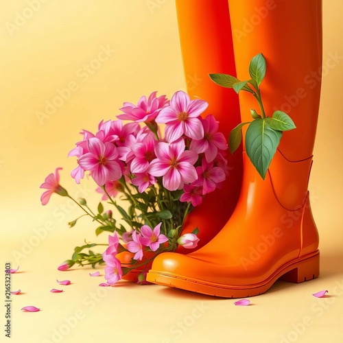 Pink flowers peek out from beneath orange Wellington boots on a cream-colored background, conveying a sense of warmth and recovery, brightness, soft focus