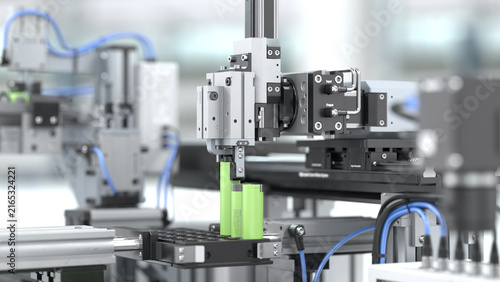 Foto Industrial robotic arm precisely assembling lithium battery cells in modern factory
