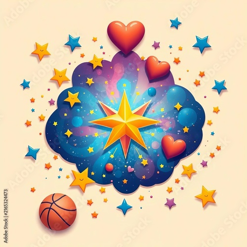 Cosmic celebration on a cream background features stars, hearts, and a shooting star surrounded by basketball-themed elements, doodle art, celebratory