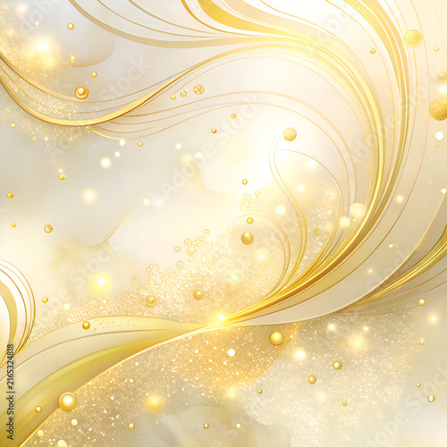 Gold abstract background with flowing lines and scattered golden beads. Elegant design with soft lighting and dynamic movement.