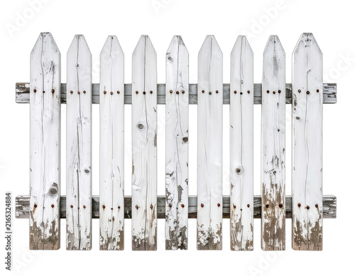 A weathered white picket fence stands against a black background.