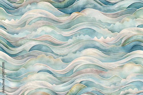 Abstract watercolor waves in muted tones. Seamless pattern of layered. undulating forms with varied shades of teal. beige. and taupe. evoking a tranquil. natural scene.