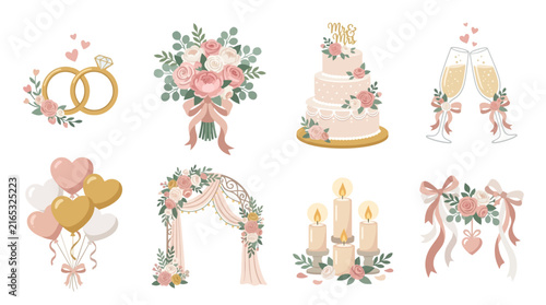 Set of decorative wedding icons featuring floral arrangements, celebration elements, and romantic symbols on a white background
