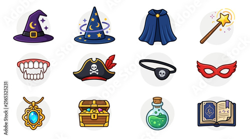 Set of Vibrant Fantasy and Halloween Costume Icons Featuring Magical Wizard Accessories and Pirate Adventure Elements for Creative Projects