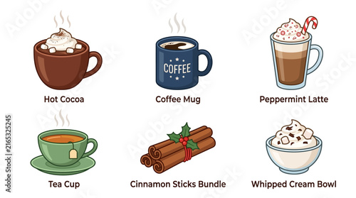 Winter Beverage Icon Set Featuring Hot Cocoa Coffee Tea and Holiday Spices for Seasonal Cafe Menu Design and Festive Graphic Projects