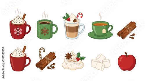 Winter beverage and holiday treat icons featuring hot cocoa mugs, spiced tea, cinnamon sticks, and marshmallows in a festive seasonal collection