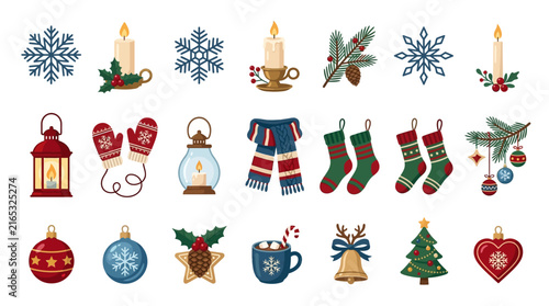 Winter Decoration Icon Collection Featuring Festive Holiday Symbols and Seasonal Elements for Merry Celebration Designs