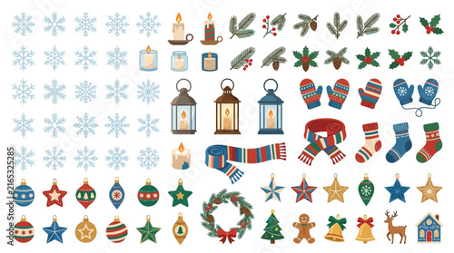 Winter Holiday Decoration Icon Collection Featuring Christmas Ornaments and Festive Seasonal Elements in a Flat Vector Graphic Style