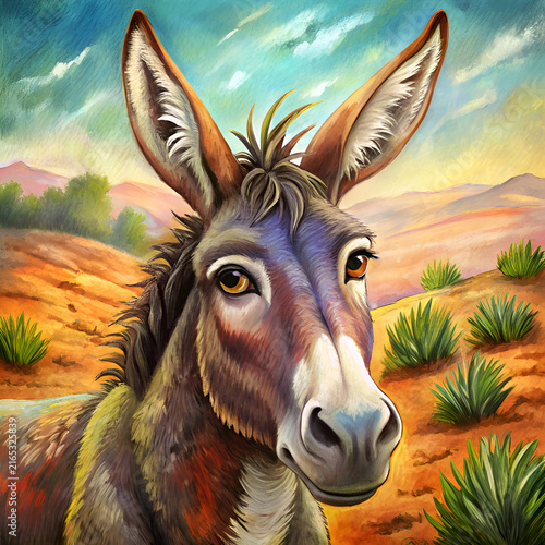 Close-up illustration of a donkey with expressive eyes. facing forward in a desert landscape. Animal portrait with desert background.