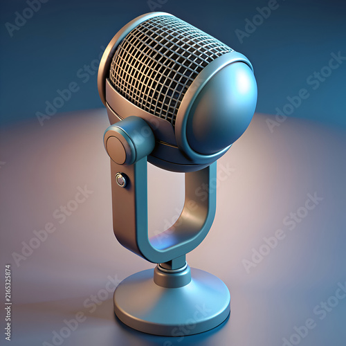 Gray microphone with modern design standing upright on a dark studio background. Studio microphone in a professional podcasting setting. A modern podcast microphone