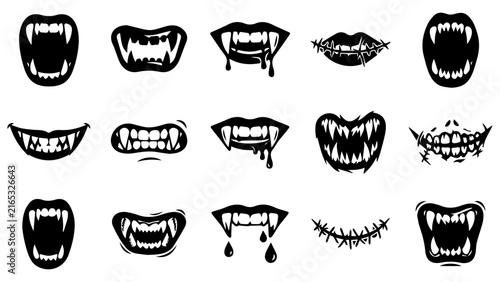Obraz na plátně Set of black and white scary vampire mouths with sharp fangs and teeth for hallo