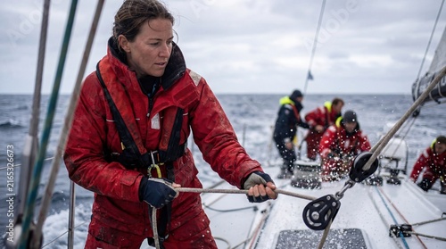 Female sailor adjusting rigging on racing yacht in rough sea for competitive sailing