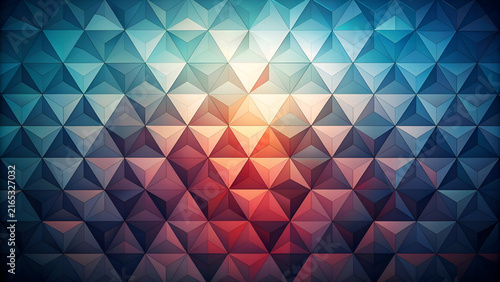 Geometric abstract pattern with shades of blue. teal. and red. 3D triangular shapes create a dynamic. textured surface. Abstract design for website background or graphic design.