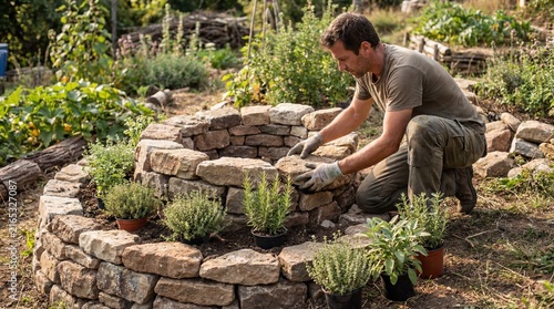Man building stone herb spiral garden in outdoor setting for sustainable gardening