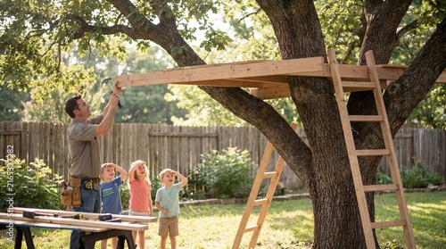 Man building wooden treehouse for children in backyard with ladder and tools