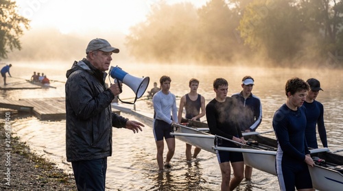 Coach guiding youth rowing team on river at dawn for training session