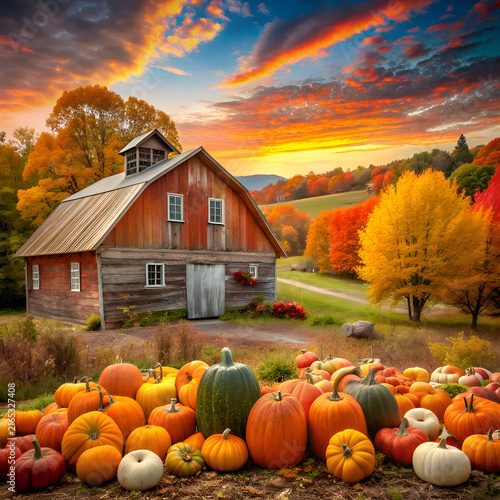 Rustic autumnal barn scene with vibrant fall foliage and pumpkins. A picturesque autumnal landscape with a wooden barn. colorful trees. and pumpkins arranged on the ground at sunset.