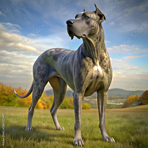 Great Dane standing alert in a grassy field under a partly cloudy sky. Majestic animal poised for action with scenic backdrop.