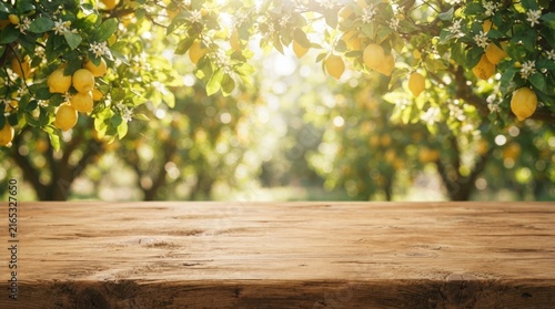 Vibrant lemon grove with dappled sunlight on a rustic wooden tabletop, ideal for product mockups, food packaging, organic branding, and lifestyle marketing designs.