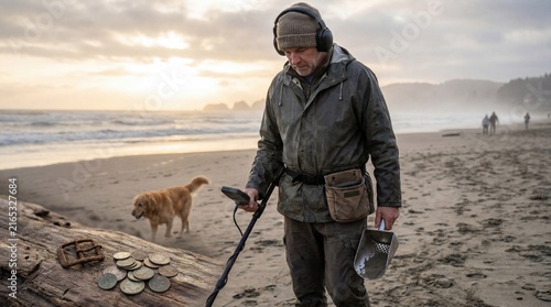 Man metal detecting on beach during sunrise with dog nearby