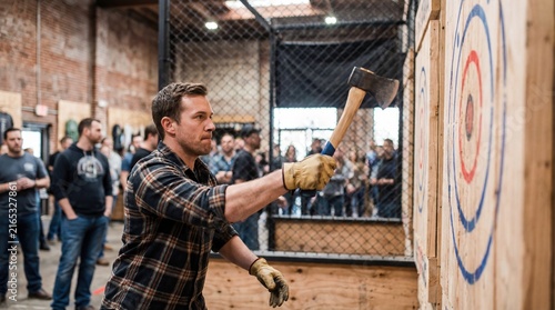 Man competing in axe throwing at indoor venue with audience watching