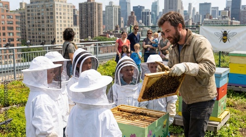 Man teaching urban beekeeping to children in rooftop garden for educational purposes