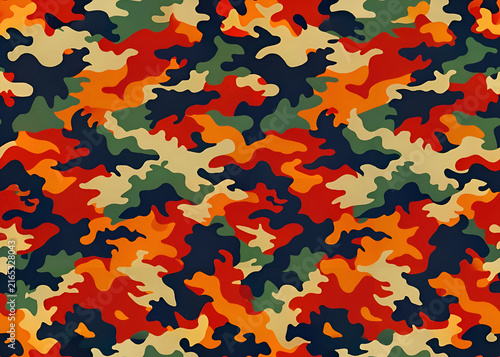 Abstract camouflage pattern with vibrant colors in a repeating pattern. No people or specific location. Design for clothing. wallpaper or other surface applications.. General use -