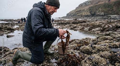 Man foraging sea vegetables at low tide on rocky shore for sustainable food