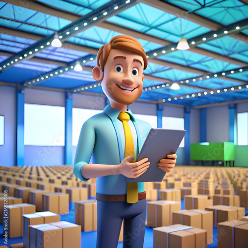 Cartoon male warehouse manager in light blue shirt and navy pants with a bright yellow tie. reviewing inventory with a tablet in a large warehouse.