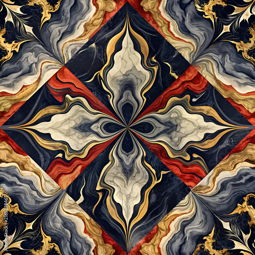 Abstract. symmetrical floral design in a mix of dark and light hues with gold accents. Geometric pattern. perfect for a luxurious interior design project.