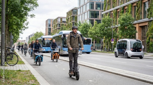 Man commuting on electric scooter in urban environment for sustainable transportation