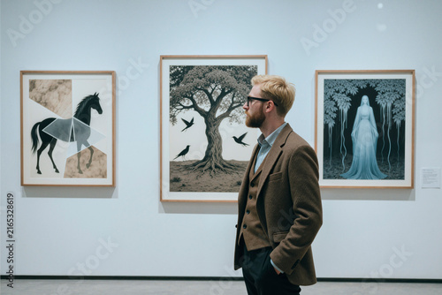 Caucasian young adult man viewing framed artwork in gallery, considering visual storytelling and creative curation. Useful for culture marketing, exhibition promotion, art business content
