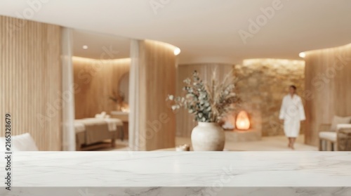 Elegant spa interior featuring marble countertops, wooden accents, and a cozy fireplace perfect for high-end wellness centers, hotel lobbies, and modern interior design projects.