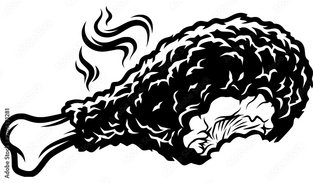 Obraz premium Crispy Fried Chicken Leg Drumstick Monochrome Vector Art for Signage
