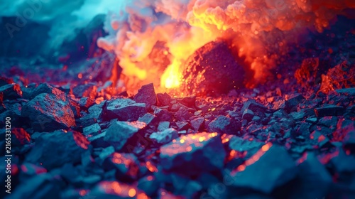 Lava erupts beneath jagged, glowing rocks