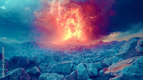Volcanic eruption dominates a frosty, rocky landscape