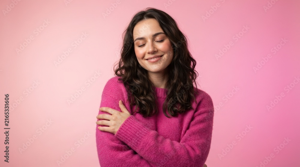 Fototapeta premium A cheerful young woman with closed eyes and a smile, wearing a bright pink sweater, perfect for lifestyle marketing, web banners, and social media campaigns with a warm, inviting mood.