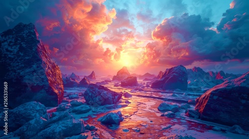 Vibrant sunset bathes icy landscape in warm, surreal hues