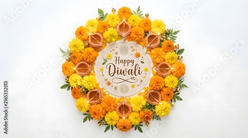 A circular floral rangoli with marigold flowers and diya lamps isolated on white background