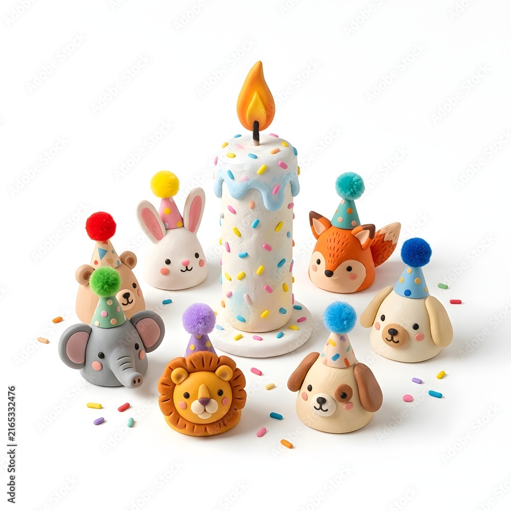 Naklejka premium Handmade clay animal figurines with party hats, miniature birthday cake candle with sprinkles, cute nursery decor and celebration concept