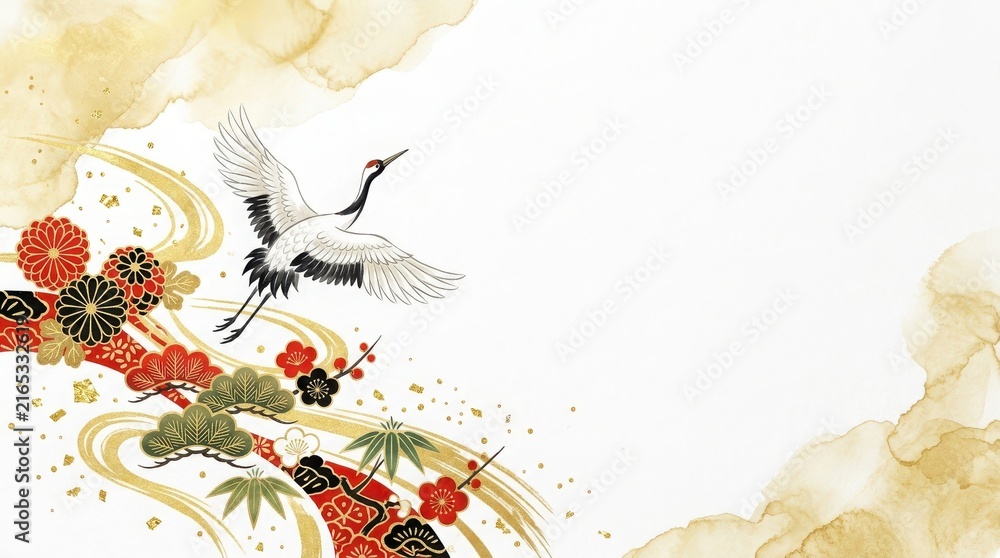 Naklejka premium Traditional japanese style background with a flying crane, floral patterns, and golden brush strokes