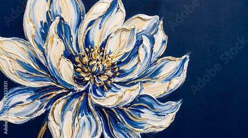 oil art Floral, Abstract. Blue white gold flower closeup, navy background, modern floral painting art illustration